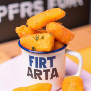 Esta imagem mostra uma porção de polenta frita em uma cesta de fritadeira. A polenta está cortada em palitos dourados e crocantes. É servida com um molho de tomate à parte.