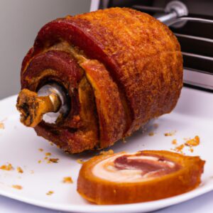 Imagem de uma porchetta assada em uma airfryer. A porchetta tem pele crocante e dourada e é recheada com ervas e especiarias. A airfryer está no fundo da imagem e é visível o cesto com a porchetta dentro.