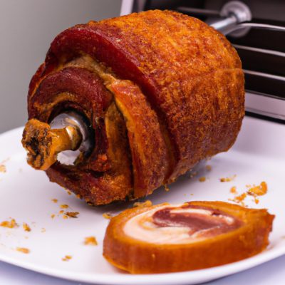 Imagem de uma porchetta assada em uma airfryer. A porchetta tem pele crocante e dourada e é recheada com ervas e especiarias. A airfryer está no fundo da imagem e é visível o cesto com a porchetta dentro.