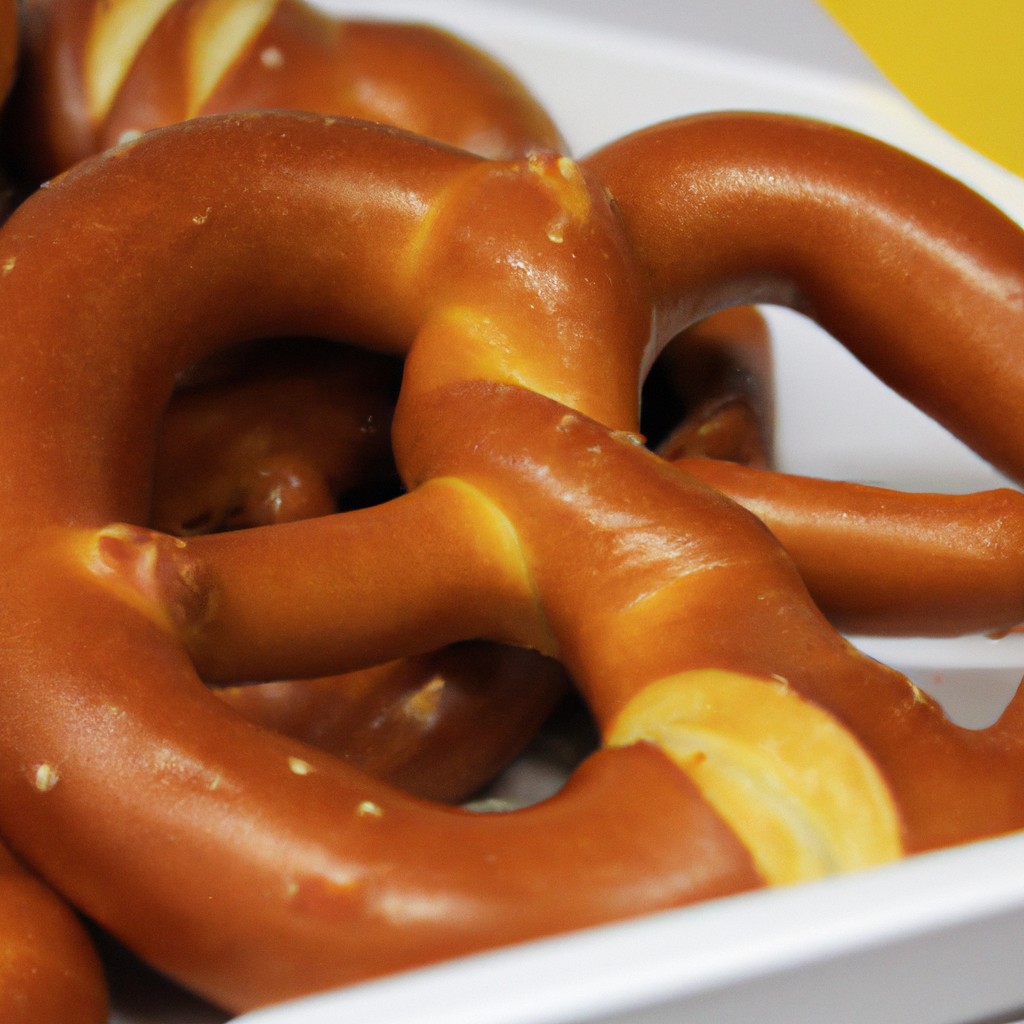Pretzel De Shopping Na Airfryer 1 Imagem de pretzels quentes e dourados recém-saídos da Air Fryer, dispostos sobre um prato forrado com papel manteiga. Os pretzels têm uma aparência crocante e salgada, com uma pitada de sal salpicada por cima.