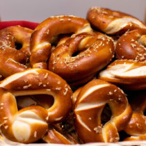 Uma foto de Pretzels dourados e crocantes dispostos em uma tigela. Os Pretzels têm uma casca salgada e um interior macio e mastigável, semelhantes aos encontrados em um shopping.