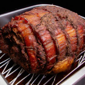 Uma imagem de um suculento assado de costela preparado na Airfryer. A carne está perfeitamente dourada e caramelizada por fora, enquanto o interior permanece tenro e rosado. O assado é acompanhado por batatas assadas crocantes e aspargos grelhados.