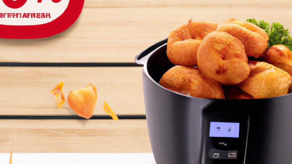 Uma imagem promocional de uma Airfryer com texto que diz 