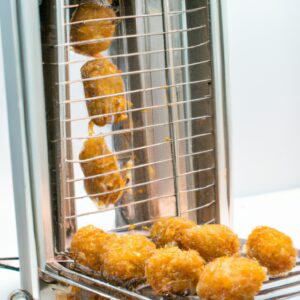 Imagem de quibe de assadeira preparado em uma airfryer. O quibe é dourado e crocante, com uma textura macia e suculenta por dentro. É guarnecido com cebola roxa picada e salsa fresca.