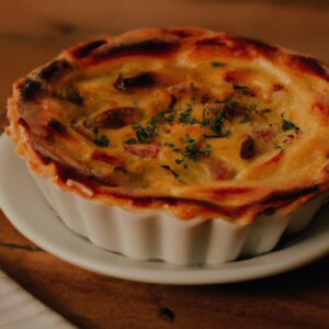 Imagem de uma quiche dourada e crocante cozida em uma airfryer, com recheio cremoso visível através da crosta.