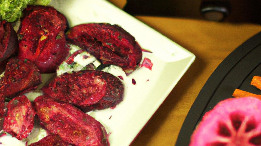 Imagem de beterrabas inteiras assadas em uma Airfryer, cortadas ao meio para revelar seus interiores roxos vibrantes. As beterrabas estão dispostas em um prato e polvilhadas com ervas frescas, como endro ou salsa.