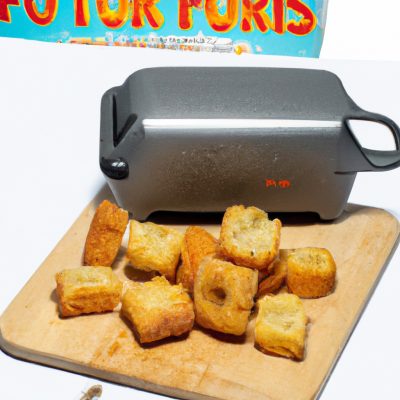 Imagem de croutons crocantes e dourados preparados em uma Airfryer. Esses croutons caseiros são feitos com pão cortado em cubos e temperados com azeite, sal e pimenta. Eles são o complemento perfeito para saladas, sopas e ensopados.