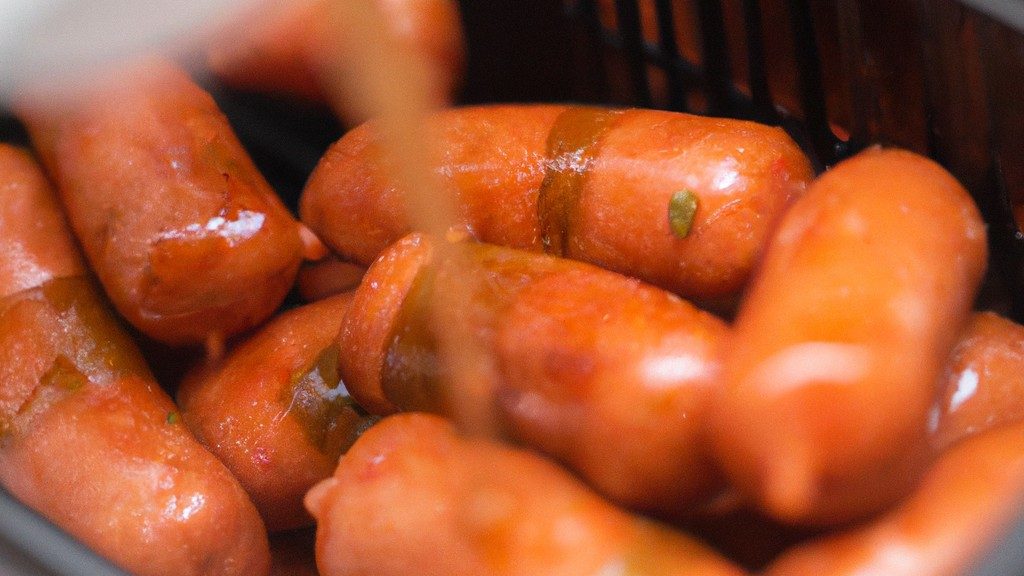 Imagem de linguiças congeladas sendo cozidas em uma airfryer. As linguiças estão douradas e crocantes.