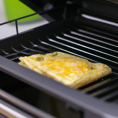Imagem de um omelete cozido na Airfryer. O omelete é marrom dourado e tem uma textura fofa. Está coberto com queijo derretido e cebolinha picada.