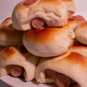 Imagem de um pão caseiro recém-assado com linguiça em uma airfryer. O pão é dourado e tem uma crosta crocante, enquanto a linguiça é cozida e suculenta. A airfryer está aberta, mostrando o pão dentro.