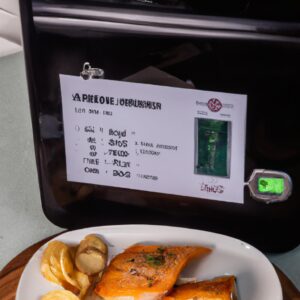 Imagem de um filé de salmão assado em uma Airfryer. O salmão tem uma crosta crocante e está coberto com ervas frescas e limão.
