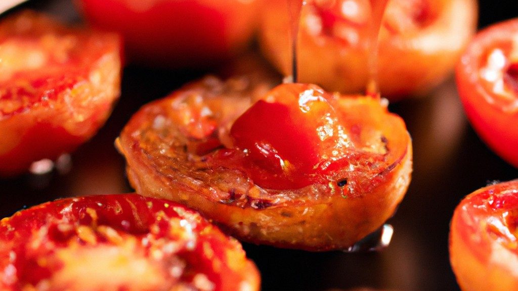 Imagem de tomates assados em uma Airfryer. Os tomates são cortados em metades e colocados na cesta da Airfryer. Eles são assados até ficarem macios e dourados.