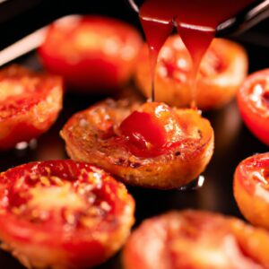 Imagem de tomates assados em uma Airfryer. Os tomates são cortados em metades e colocados na cesta da Airfryer. Eles são assados até ficarem macios e dourados.
