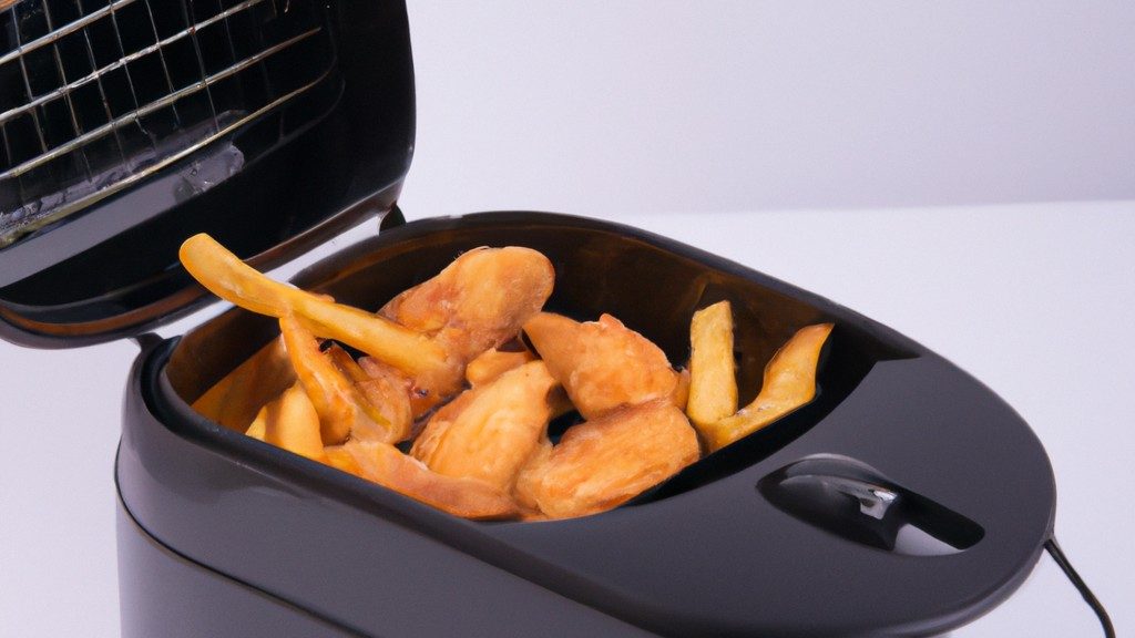 **Descrição da Imagem Alternativa:**

Uma imagem de uma fritadeira de ar preta e cinza com uma cesta removível. A fritadeira está colocada numa superfície branca com um fundo branco. Há um texto na imagem que diz 