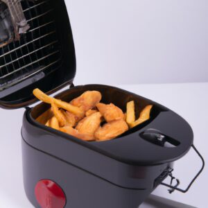 **Descrição da Imagem Alternativa:**

Uma imagem de uma fritadeira de ar preta e cinza com uma cesta removível. A fritadeira está colocada numa superfície branca com um fundo branco. Há um texto na imagem que diz "Air Fryer".