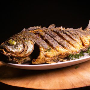 Imagem de um prato de peixe cozido na Airfryer, com limão e ervas.