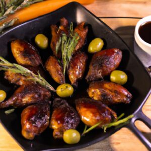 Imagem de azeitonas pretas, temperadas com ervas e azeite de oliva, dispostas em uma cesta de fritadeira de ar quente. A imagem mostra o prato pronto para ser cozido na fritadeira, com gotas de azeite visíveis sobre as azeitonas.