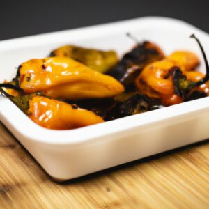 Imagem de pimentões coloridos (vermelho, amarelo e verde) assados na Airfryer, servidos em um prato com azeite, sal e pimenta. Os pimentões estão ligeiramente caramelizados e dourados, com uma pele levemente enrugada.
