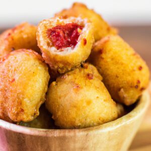 Imagem de um polpetone dourado e crocante cozido em uma Airfryer. O polpetone é feito de carne moída e pão ralado, e é coberto com molho de tomate.